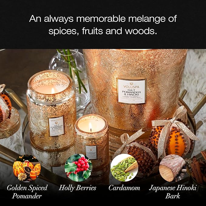 Gilt Pomander Hinoki, Large Candle Jar, 18 oz, 100 Hour Burn Time, Coconut Wax for Clean Burning, Handcrafted in The USA