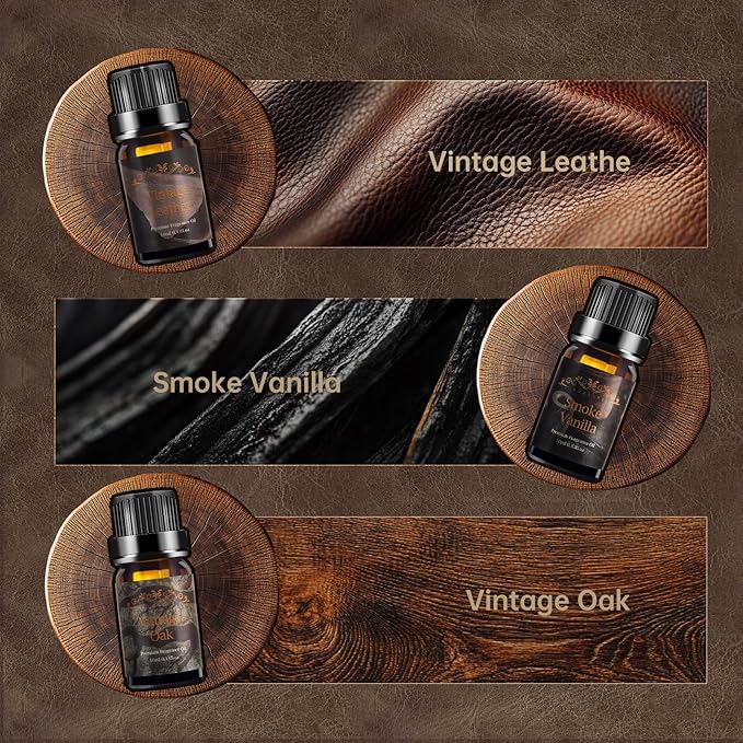 Men Essential Oils Set for Diffuser, Father's Day Gift for Men - 6x10ml Masculine Fragrance Oils for Candle Making, Scented Oil Gift Set, Mahogany, Sandalwood, Cologne, Smoke Vanilla, Oak, Leather