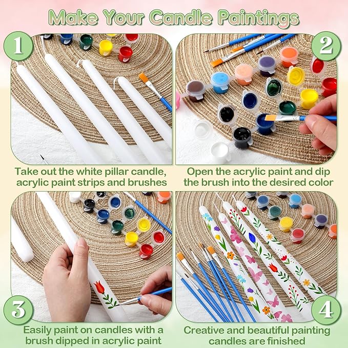 MTLEE 54 Pcs DIY Candle Painting Kit Include White Candles Colorful Acrylic Paint Strips and Paintbrushes for Crafts Making Wedding Birthday Party Centerpiece (Taper)