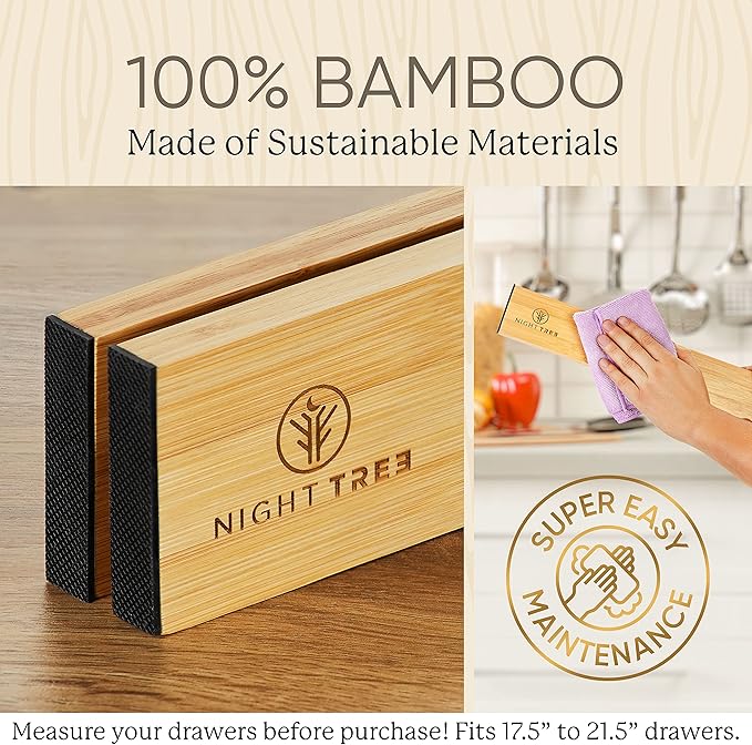 Night Tree Expandable Bamboo Drawer Dividers – drawer separators for Clothes, Kitchen Utensils, Bathroom, and Dresser Drawers (17.5" to 21.5")