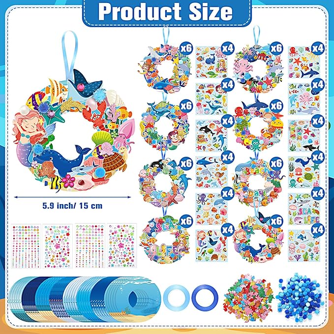 Hollowfly 48 Sets Wreath Craft Kits DIY Wreath Hanging Ornaments Make Your Own Paper Craft with Stickers for Home Party Decor Activities(Summer Ocean)