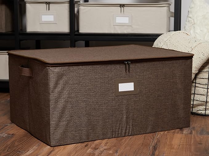 Covermates Keepsakes Zip-Top Storage Box Set, 3 Pack Heavy Duty Polyester Organizer Bins, Stackable Design, ID Window, Reinforced Handles, Closet Home Storage, Brown Heather