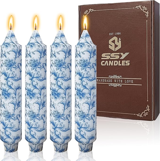 7 Inch Blue and White Tapered Candles Short Floral Candle Sticks Hand Poured Unscented Smokeless Clean Burning Candles for Dining Table Everyday Meals Family Dinner Elegance