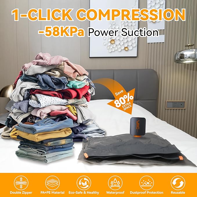 Travel Vacuum Bags for Clothing with Rechargeable Cordless Pump,Vacuum Storage Bags,18 Pack Vacuum Bags,Compression Packing for Clothes,Pillows,Comforters & Travel