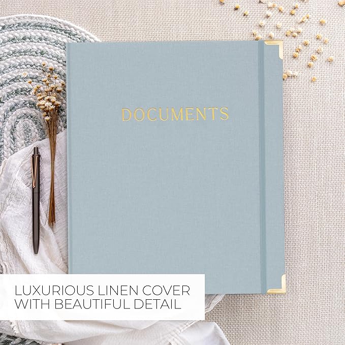 Sturdy Document Organizer Set with Folders - Beautiful Linen 3-Ring Binder Safely Stores All Important Documents & Files in One Place - Easy to Use Expanding Storage Incl. Envelopes, Pockets & Labels