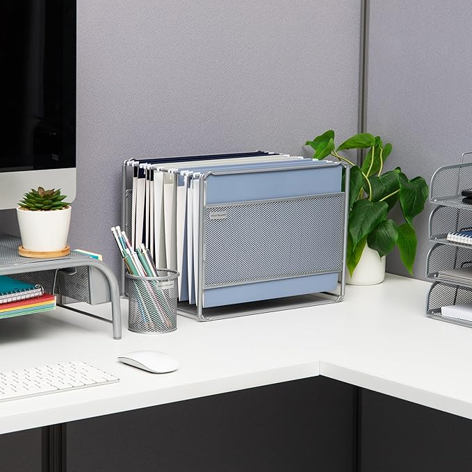 Mind Reader Hanging File Folder Organizer, Desktop Organizer, Storage, Office, Metal Mesh, 13"L x 9.75"W x 10.25"H, Silver