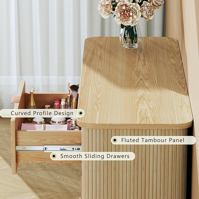 6 Drawer Dresser for Bedroom, Mid Century Modern Dresser with Curved Profile & Fluted Design, Wide Wood Chests of Drawers Storage for Bedroom, Entryway, Hallway, Oak
