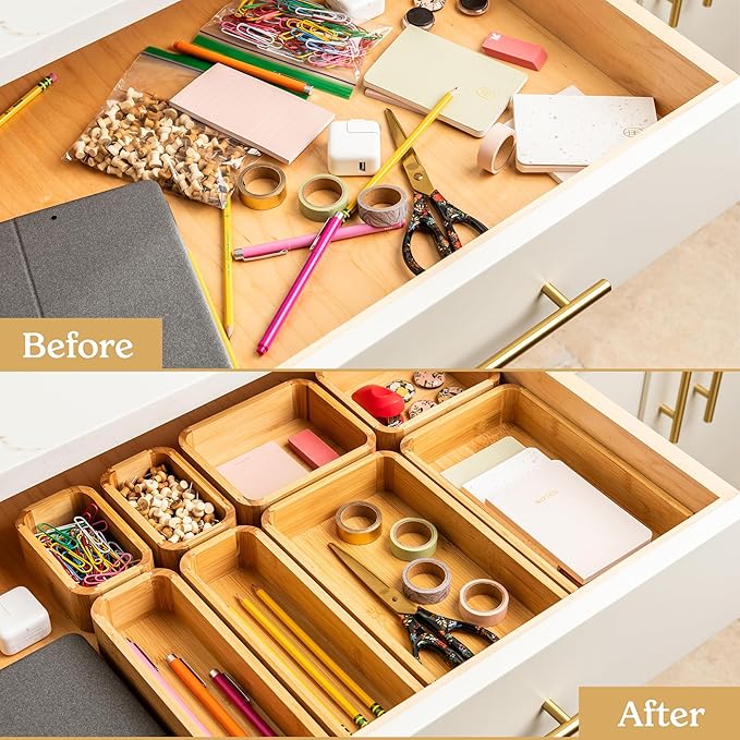 SMIRLY 8-Piece Bamboo Kitchen Drawer Organizer Set for Large and Small Utensils, Multi-use Storage Box - Bathroom, Nightstand, Jewelry, Cutlery, Knife, Spice, Towel, Junk Drawer Tray