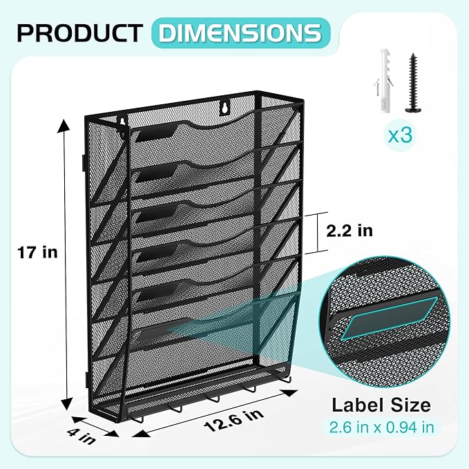 Delifox 7-Tier Wall File Organizer Hanging Wall File Holder Wall Mount Paper Folder Organizer, Mesh Mail Paper Orgnization Hanging File Folder Holder for Home Office, Black