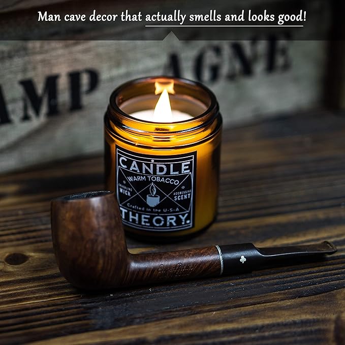 Candle Theory Man Cave Stuff Men 4oz Candles Set of 3, Crackling Woodwick Masculine Scent, Warm Tobacco Cigar, Smoked Suede, Fresh Shave