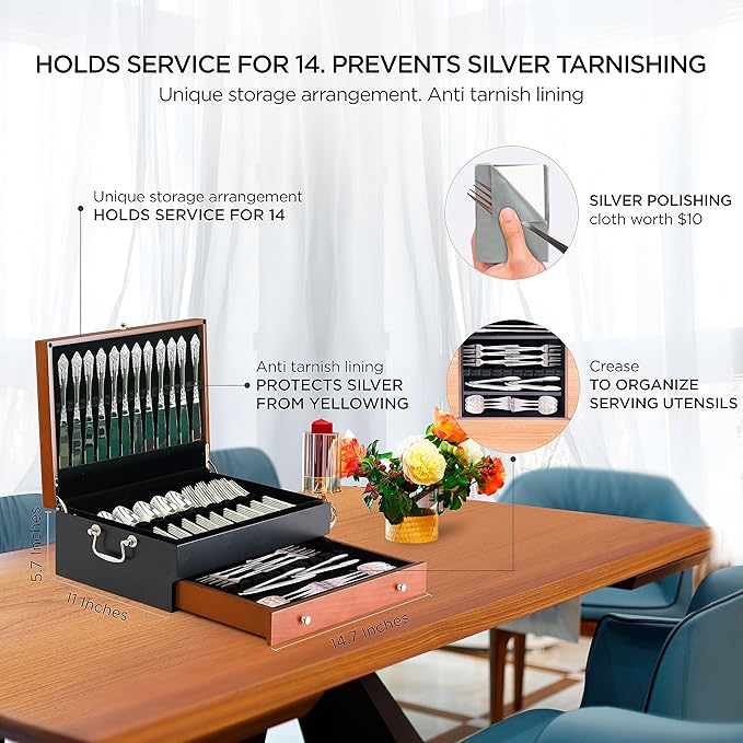 boldworks Silverware Storage Box Silverware Chest Case for Silver Flatware with Lid Tarnish Proof Felt Lined Partition and Drawer Holds Service for 14 Includes Polishing Cloth