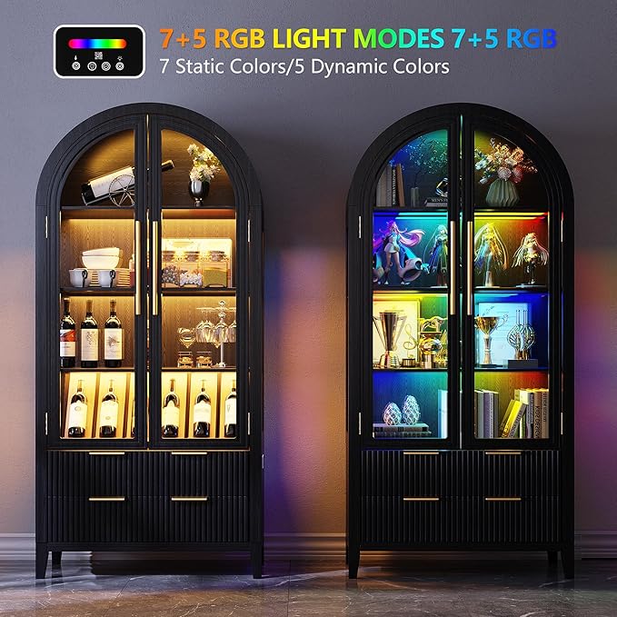 LVSOMT 71" Tall Arched Storage Cabinet with Glass Doors and Drawers, Curio Display Cabinet with Adjustable RGB Light & Human Sensor, 4-Tier China Cabinet for Living Room(Black)