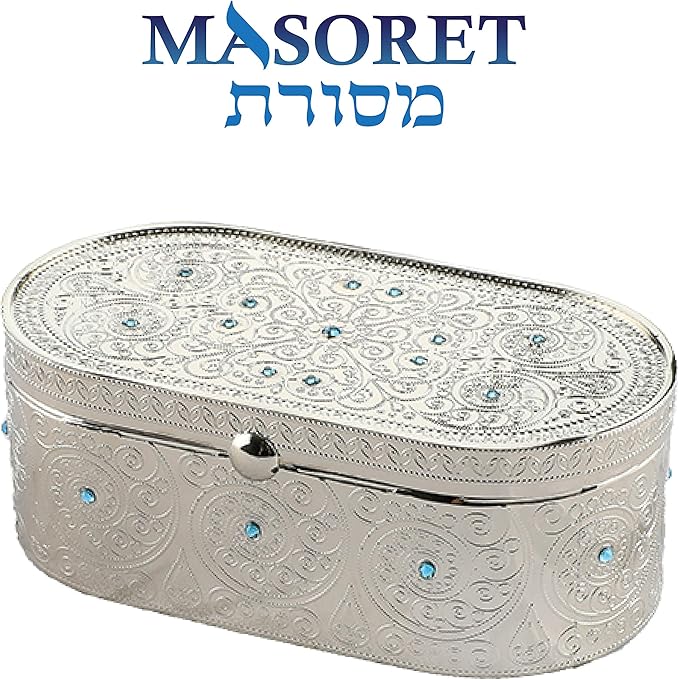 Travel Size Shabbat CANDLESTICKS: Jewish Nickel Filigree Box with Inlaid Hebrew Cover and Blue Stones for 2 Candles