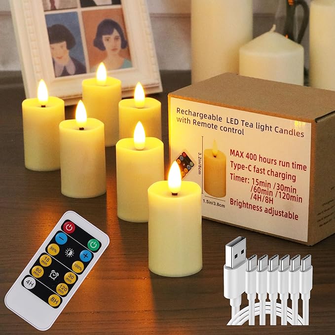 WRalwaysLX 6 Pack Rechargeable Type-C Fast Charging Flameless Tea Light with Remote Control, LED Flickering Candles Votive Candles, Battery Candles Indoor Home Decor, max 280 Hours