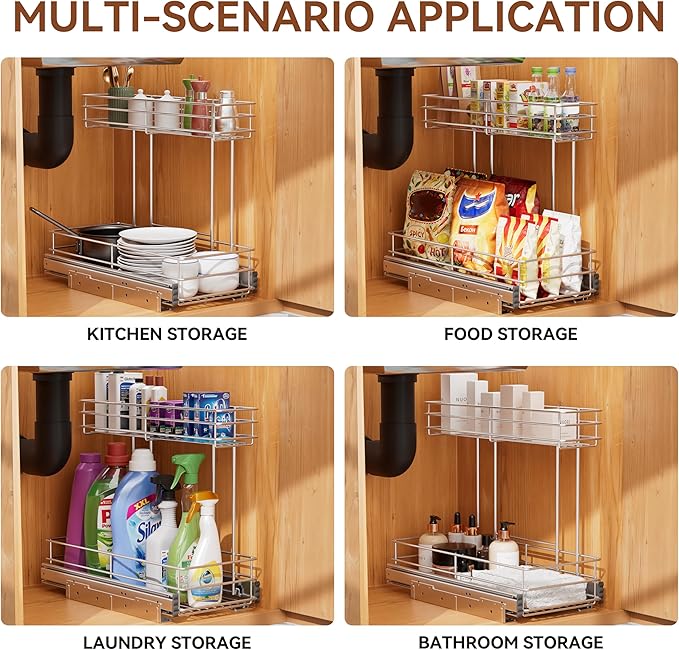 Under Sink Organizer 9"W X18.5"D，Pull Out Cabinet Organizer 2 Tier，Under Sink Slide Out Organizer Chrome Plated, Under Kitchen Bathroom Sink Organizer, Pantry Cabinet Closet Organization Rack, 1 Pack