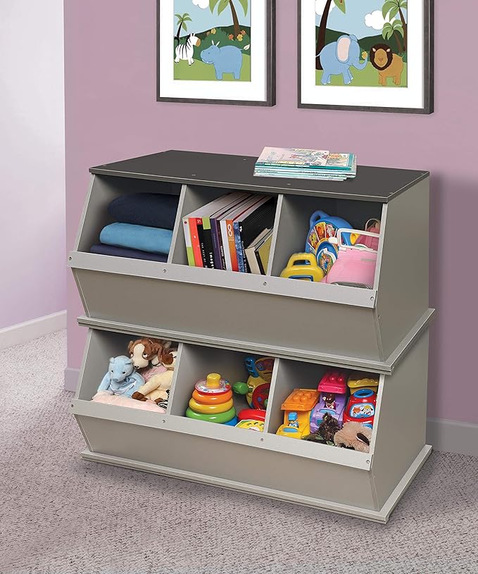 Badger Basket Three-Bin Stackable Storage Cubby – Woodgrain Gray, Expandable Storage with Top Display Shelf for Toys, Crafts & More