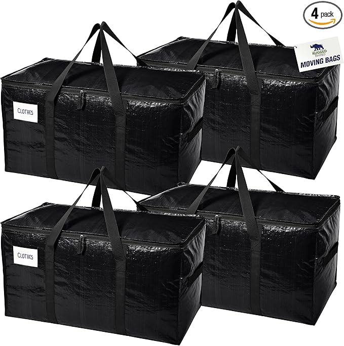 RUGGED RHINO 4 Pack Heavy Duty Extra Large Moving Bags, Durable Bag with Strong Handles and Zipper, Moving Boxes Alternative for College Packing, Holiday Décor, Space Saving Storage with Label, Black
