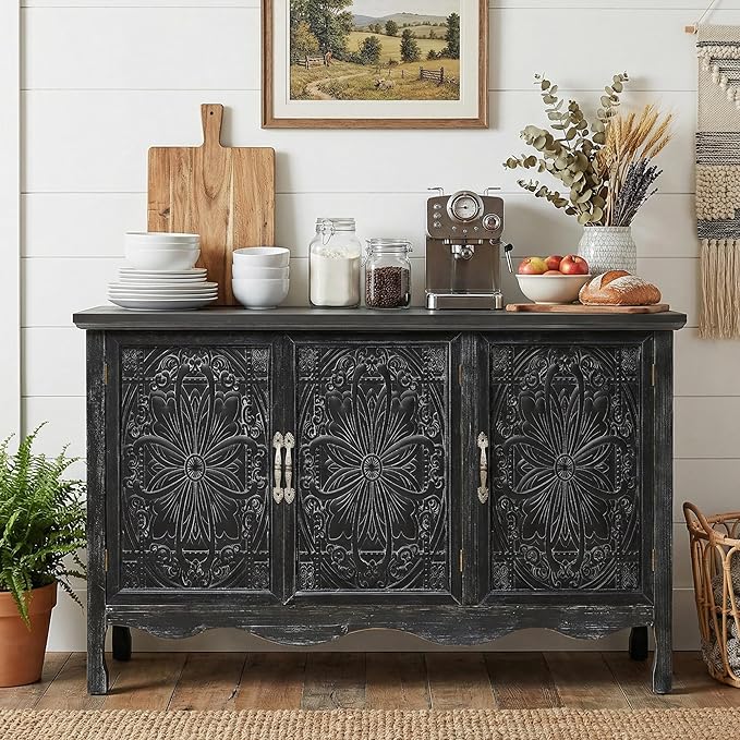 RoyalCraft Buffet Cabinet with Storage, Vintage Solid Wood Sideboard with 3 Carved Doors, Painted Coffee Bar Console Table for Dining Room, Living Room, Kitchen, Distressed Black