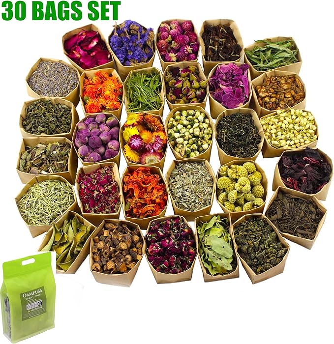 30Bags Natural Dried Flowers, DIY Soap,Bath Bomb,Candle,Aromatherapy Oil,Cake,Resin Jewelry Making,Bath,Nail -Lavender,Don't Forget Me,Rose,Jasmine