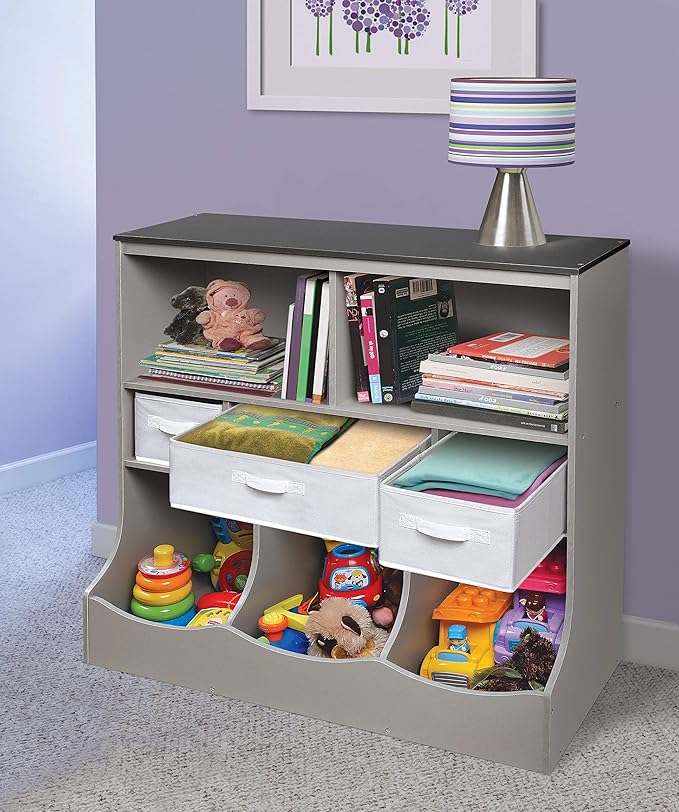 Badger Basket Combo Toy Storage Organizer and Bookshelf - Kids Storage Unit with 3 Removable Baskets, Open Shelves, Top Display Surface - Woodgrain and Gray