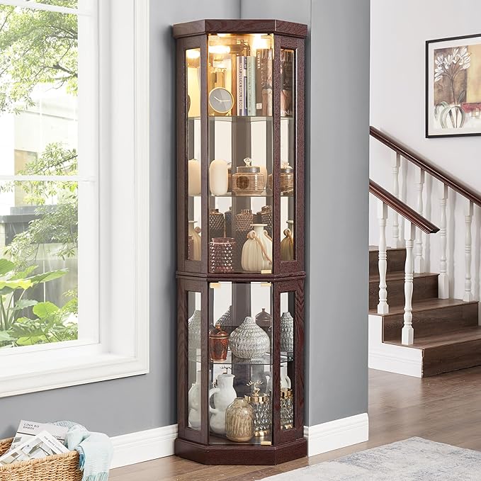 69" H Lighted Curio Cabinet Corner Display Case,Corner Glass Cabinet with Tempered Glass Door and Adjustable Shelves,Wooden Curio case with Mirrored Back Pane (Style 2 - Dark Cherry)