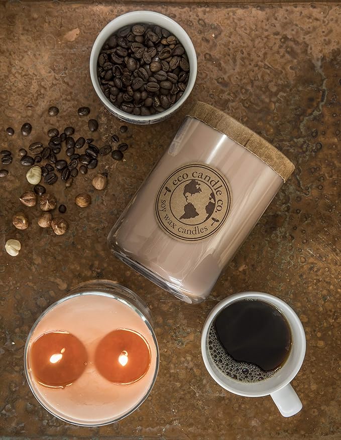 ECO CANDLE CO. Recycled Candle, Coffee Bean, 18 oz. Double Wick - Scents of Coffee Beans & Hazelnut - 100% Soy Wax, No Lead, Kraft Paper Label & Lid, Hand Poured, Phthalate Free, Midwest Soybeans