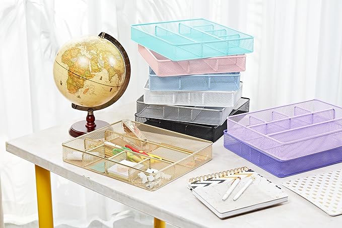 Annova Desk Top Organizer/Storage Tray - Metal Mesh with Dividers for Pens, Desktop Accessories, Bathroom, Kitchen, Makeup and Office Supplies (Large, Light Purple)