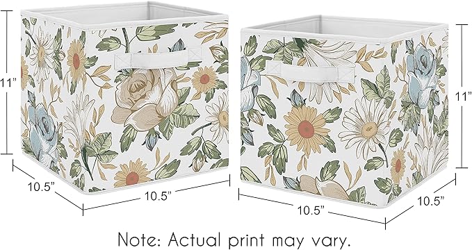 Sweet Jojo Designs Vintage Floral Blue Yellow Foldable Fabric Storage Cube Bins Boxes Organizer Toys - Set of 2 - Slate Green Gold Orange Taupe Beige Shabby Chic Rose Flower Boho Bohemian Farmhouse