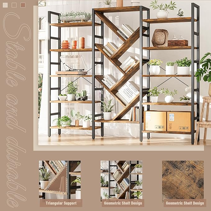 70x70 Triple 5 Tier Book Shelf, Large Wooden Bookcase with 17 Open Display Shelf, Modern Tree Bookshelf Metal Frame Tall Book Case Furniture for Living Room Bedroom Home Office Rustic Brown