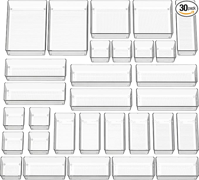 Simple Houseware 30 PCS Clear Plastic Drawer Organizers Set, 5-Size for Makeup, Bathroom, Bedroom and Office
