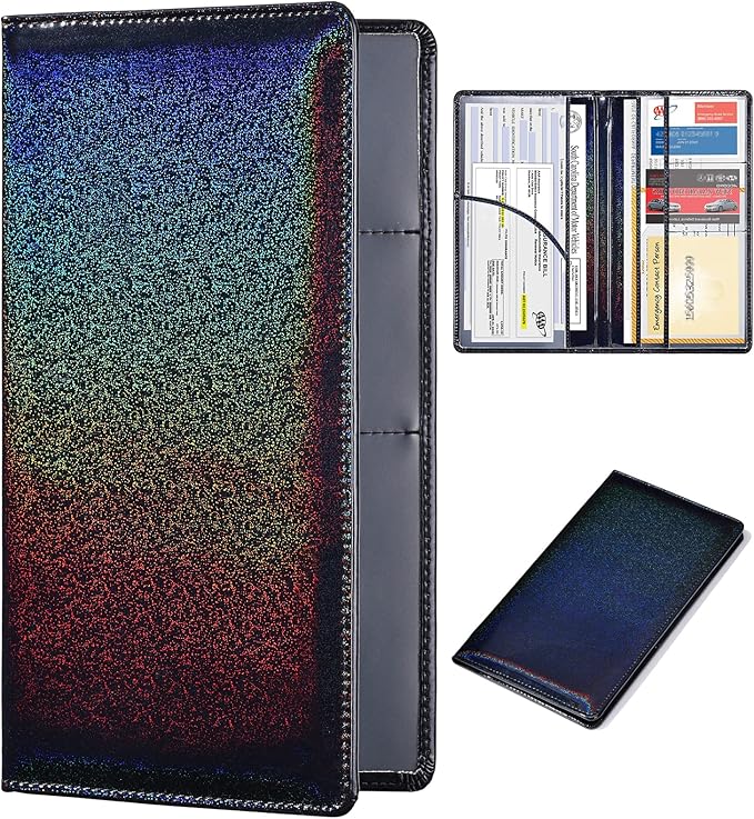 HERRIAT Car Registration and Insurance Card Holder,Glitter Leather Vehicle Glove Box Automobile Documents Paperwork Wallet Case Organizer for ID, Key Contact Information Cards,Men&Women