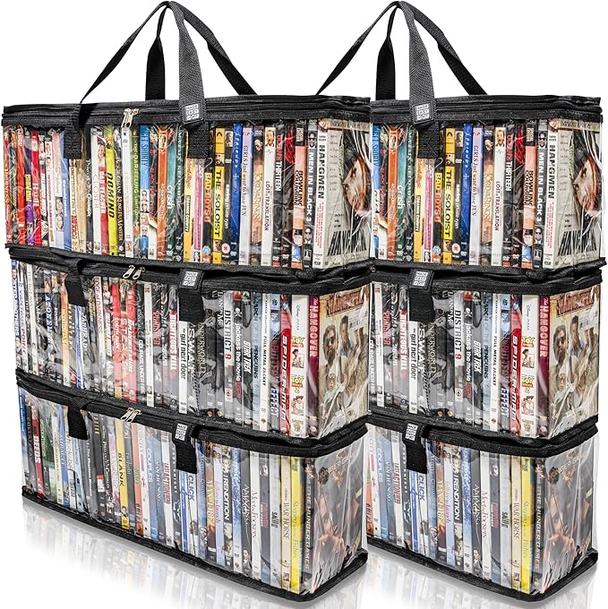Made Easy Kit Clear View Media Storage Bag for DVDs, VHS & Video Game Cases- Protect Your Collection & Preserve The Quality of Your Cases - Stackable, Space-Saving, Fits 40 (Black DVD, 6-Pack)
