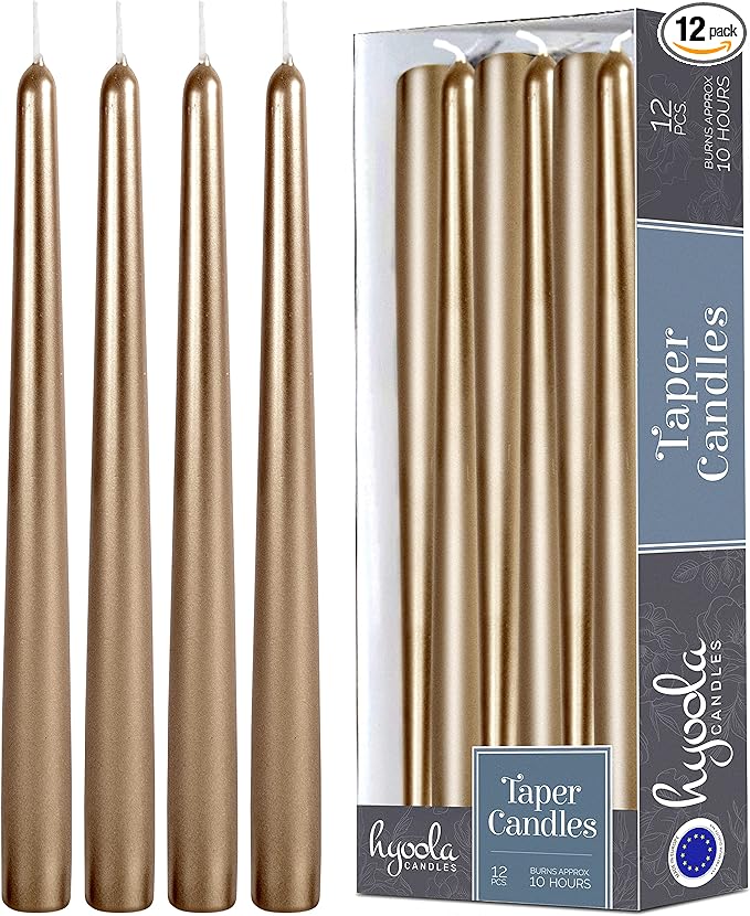 Hyoola Tall Metallic Antique Gold Taper Candles - 12 Inch - Dripless - 12 Pack - 10 Hour Burn Time