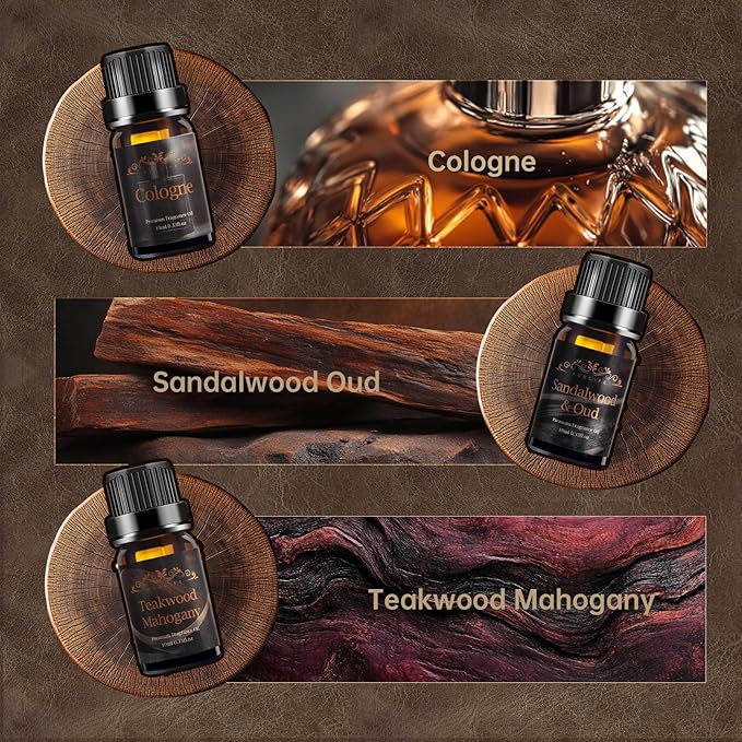 Men Essential Oils Set for Diffuser, Father's Day Gift for Men - 6x10ml Masculine Fragrance Oils for Candle Making, Scented Oil Gift Set, Mahogany, Sandalwood, Cologne, Smoke Vanilla, Oak, Leather