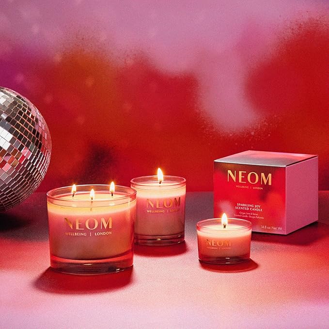 NEOM Sparkling Joy Travel Candle, 1 Wick, 75g I Ginger, Lime and Vetiver I 100% Naturally Derived Wax I 100% Natural Fragrances I Invigorating