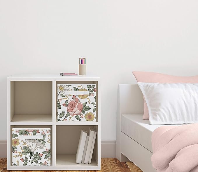 Sweet Jojo Designs Vintage Floral Boho Foldable Fabric Storage Cube Bins Boxes Organizer Toys Kids Baby Childrens - Set of 2 - Blush Pink, Yellow, Green and White Shabby Chic Rose Flower Farmhouse