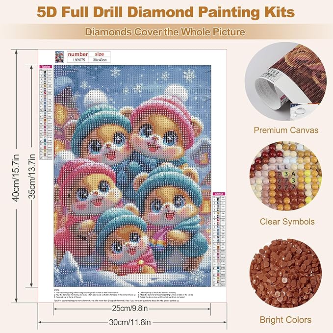 MEIYUDA Bear Diamond Painting Kits for Adults, 5D Winter Cute Bear Diamond Art Kits for Adult Beginners, Vintage DIY Full Diamond Art Painting Kit for Home Wall Decor Gift 12x16inch