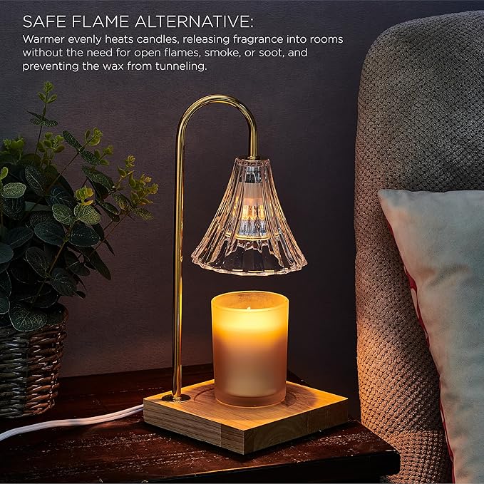 Mikasa 13.8 Inch Electric Candle Warmer with Clear Glass Shade and Dimmer - Flameless Wax Melter Lamp with Halogen Bulb, Wooden Base, Gold Accents for Home Decor and Fragrance
