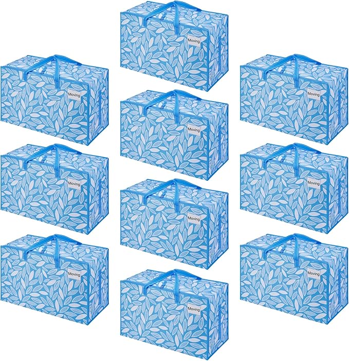 VENO 10 Pack Extra Large Heavy Duty Moving Bags with Wide Opening & Reinforced Handles, Reusable Storage Tote Bags with Strong Zippers for Clothes, College Dorm Essentials & Moving Supplies