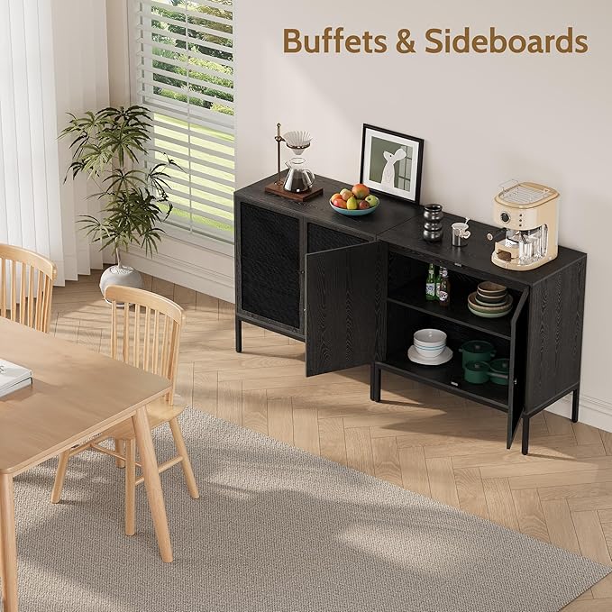 Yechen Set of 2 Full Black Rattan Cabinet, Farmhouse Sideboard Cabinet with Natural Rattan Decorated Doors, Accent Cane Credenza Buffet Console Storage, for Living Room Entryway Kitchen, Metal Legs