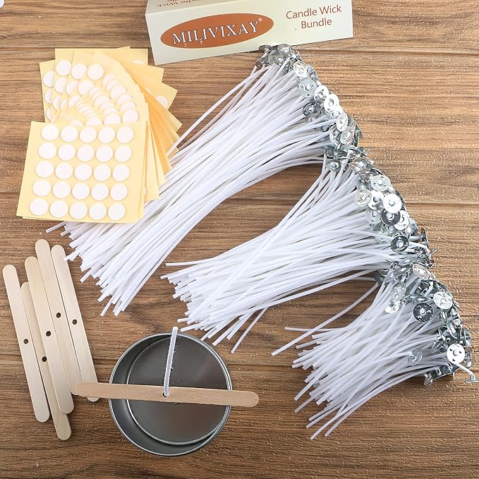 MILIVIXAY 300pcs Cotton Candle Wicks (3.5"/6"/8"), 300pcs Stickers, 6pcs Wooden Wick Holders - Candle Making Kit