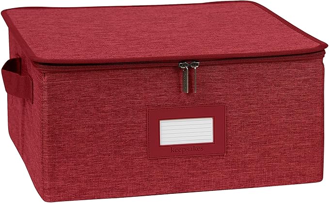 Covermates Dish Storage Box – China & Dinner Plate Storage Container with Dual Zippers, Reinforced Handles, ID Window & Stackable Structured Walls for Dishware Organization, Red Heather