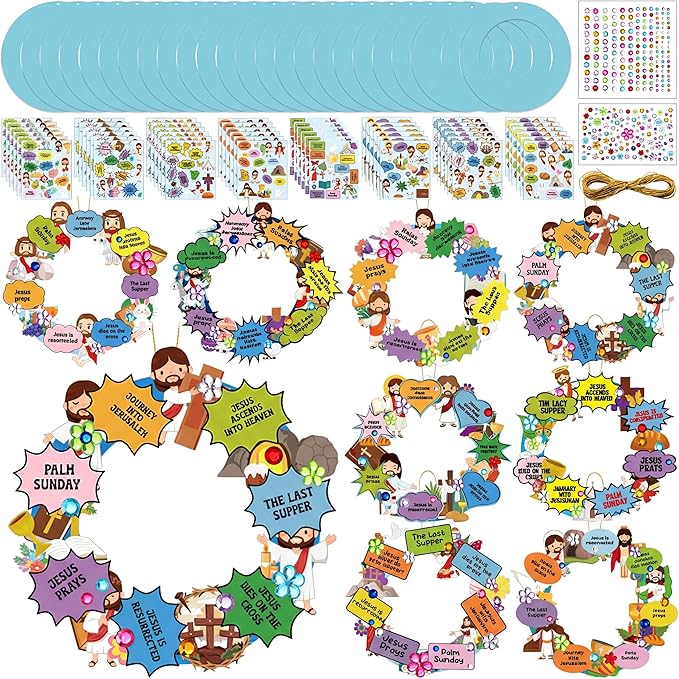 Hollowfly 48 Sets Religious Wreath Craft Kit Bulk Holy Week Wreath Crafts Kit Religious Jesus Ornaments DIY Paper Jesus Craft Decorations with Stickers for Christian Party Activities