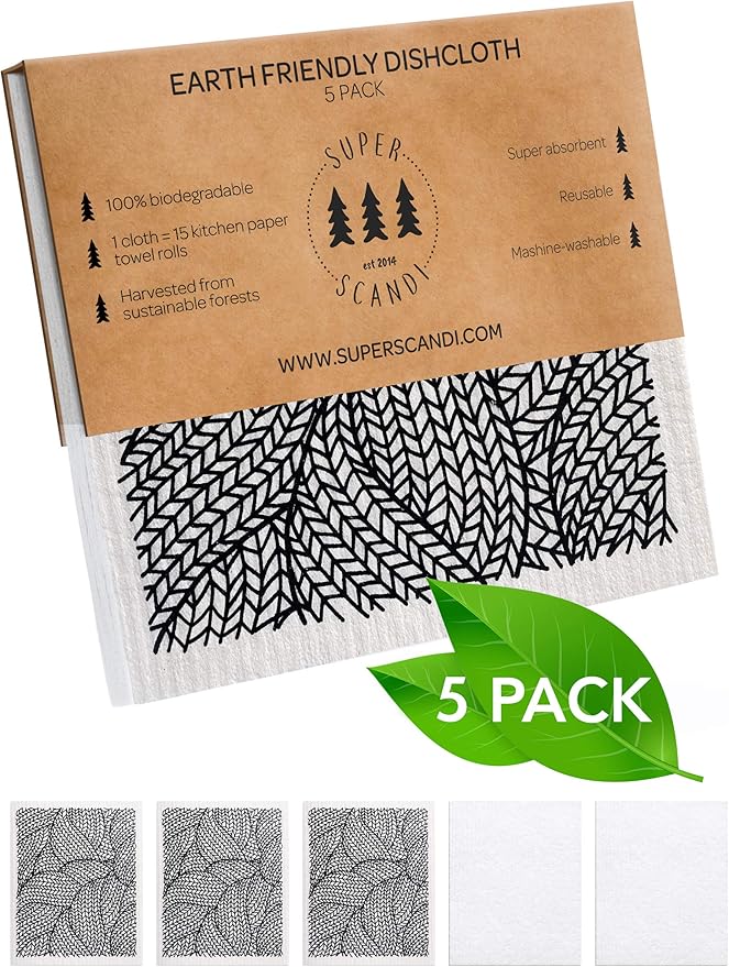 SUPERSCANDI 5 Pack Swedish Dishcloths for Kitchen - 100% Biodegradable & Compostable Reusable Paper Towels Washable, Food-Safe & Without Plastic - Dish Rags for Any Surface, Line Knitting Black