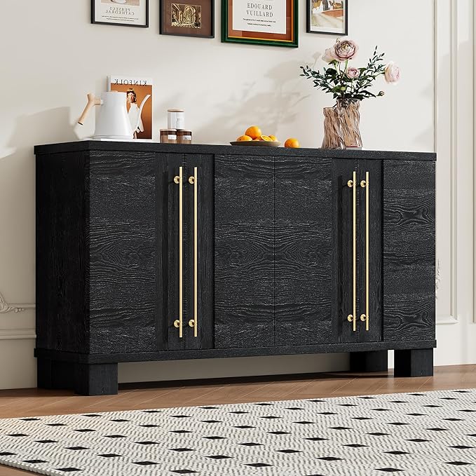 Amposei Modern Sideboard Cabinet 60-Inch Wood Credenza Console Storage Cabinet Dining Buffet Table with 4 Doors and Adjustable Shelves for Living Room Entryway, Black