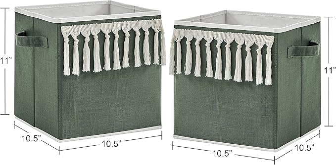 Sweet Jojo Designs Dark Green Boho Chic Foldable Fabric Storage Cube Bins Boxes Organizer Baby Solid Sage Hunter Ivory Bohemian Gender Neutral Linen Tassel Modern Farmhouse Designer Minimalist Set 2