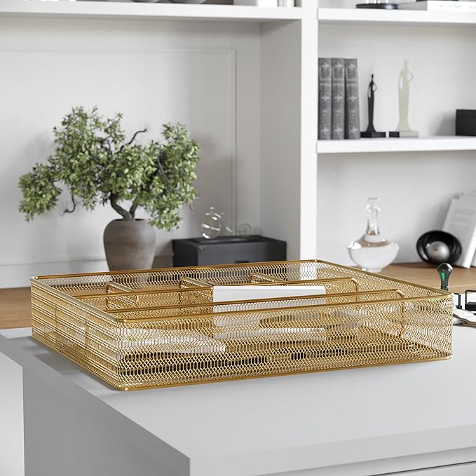 Martha Stewart Ryder Gold Mesh Metal 6 Compartment Large Desk Drawer Organizer for Accessories and Office Supplies