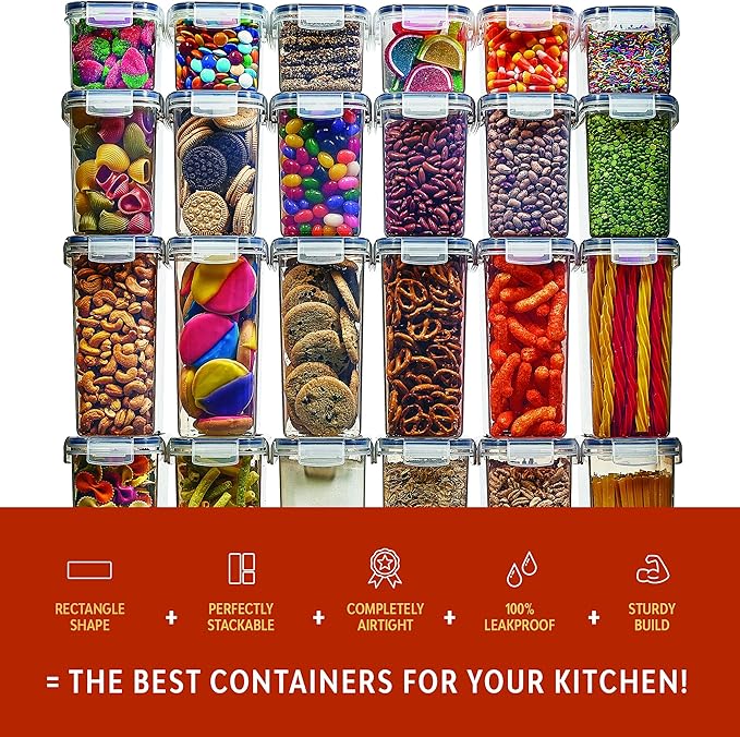 14 Pack Airtight Food Storage Container Set - BPA Free Clear Plastic Kitchen and Pantry Organization Canisters with Durable Lids for Cereal, Dry Food Flour & Sugar - Labels, Marker & Spoon Set