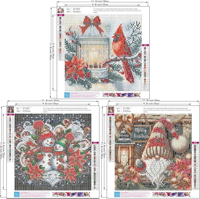 3 Pack Christmas Diamond Painting Kits for Adults-Gnomes Diamond Art Kits for Adults Beginner,Snowman Cardinal DIY Full Drill Diamond Dots Paintings ,5D Gem Art and Crafts Home Wall Decor 12x12 In