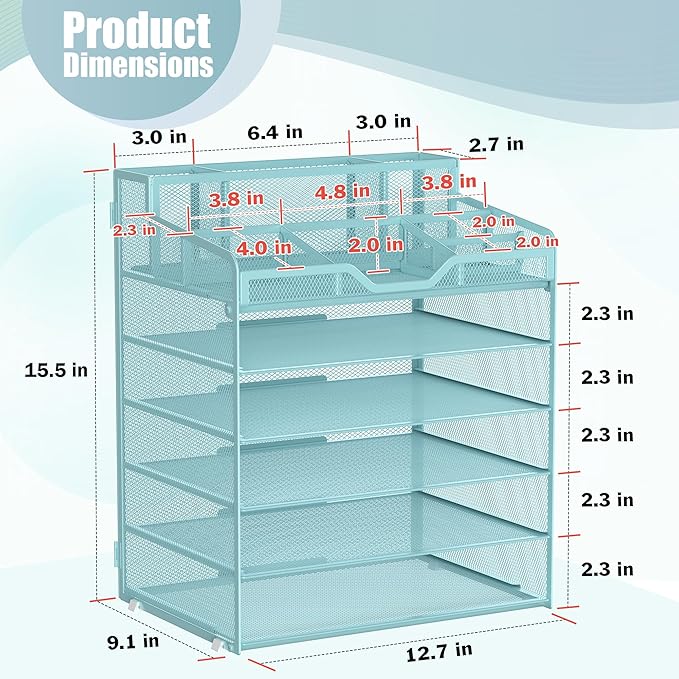 Docnest 6 Tier Mesh Desk Organizer for Paper Office Supplies – Multi-Functional Letter Tray with 5 Adjustable Compartments, 7 Pen Holders, Desktop Storage for Files, Mail, Stationery – Blue